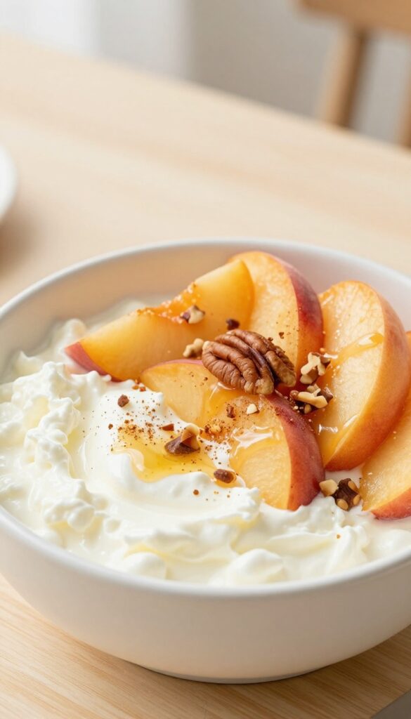 Cottage cheese and peach bowl with honey and pecans on a wooden table