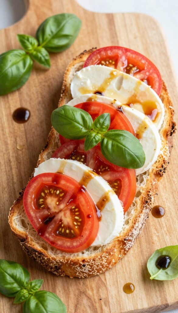 Caprese toast with mozzarella, tomato, basil, and balsamic glaze on a wooden board