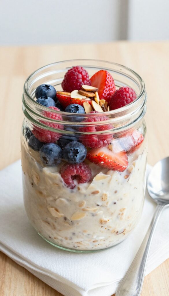 Overnight oats in a mason jar with mixed berries and almonds on a wooden table
