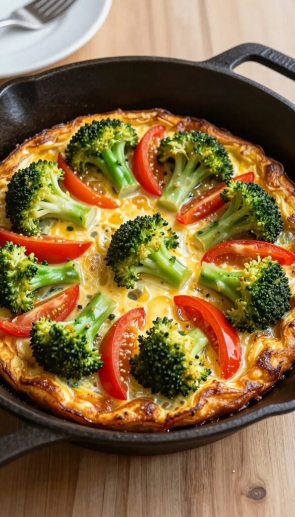 Egg and vegetable frittata in a cast-iron skillet, sliced into wedges, with broccoli, tomatoes, and bell peppers.