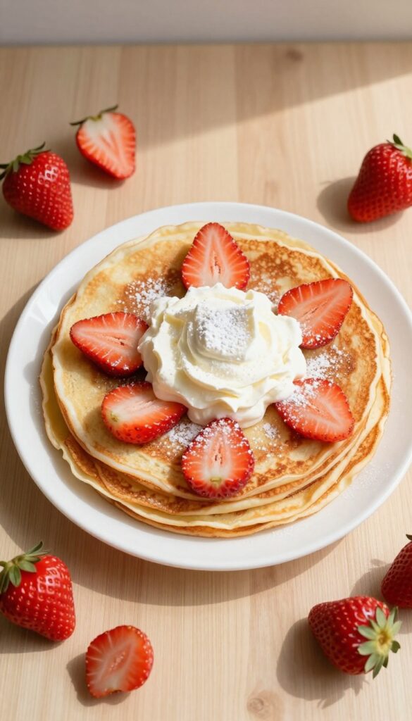 Strawberry crepes with whipped cream and powdered sugar on a white plate
