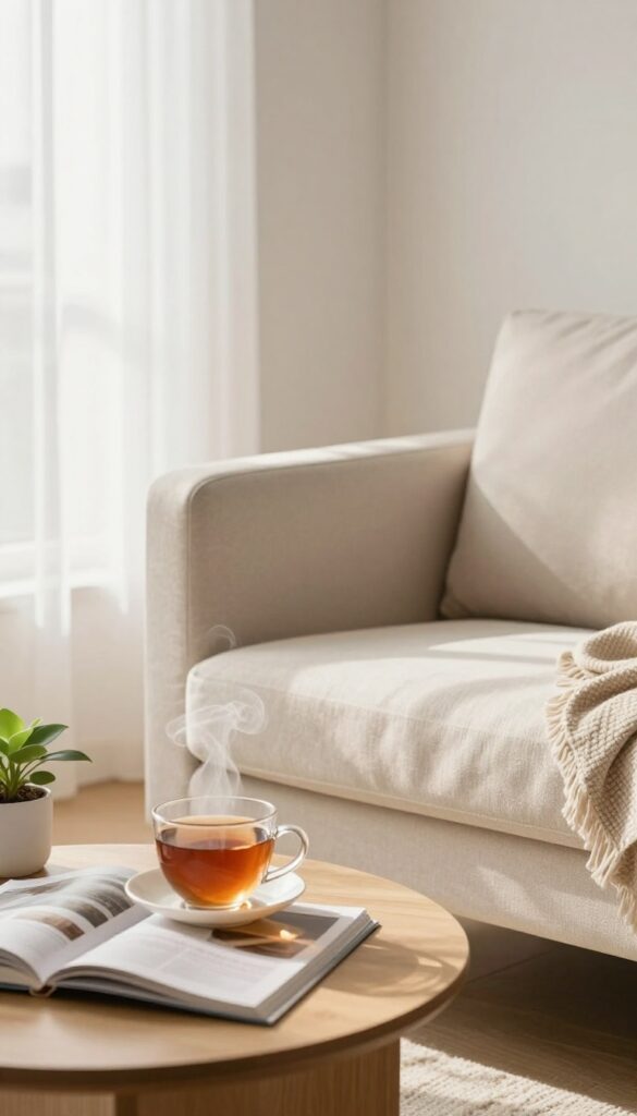 A peaceful screen-free hour setup with tea, magazine, candle, and armchair in natural light.