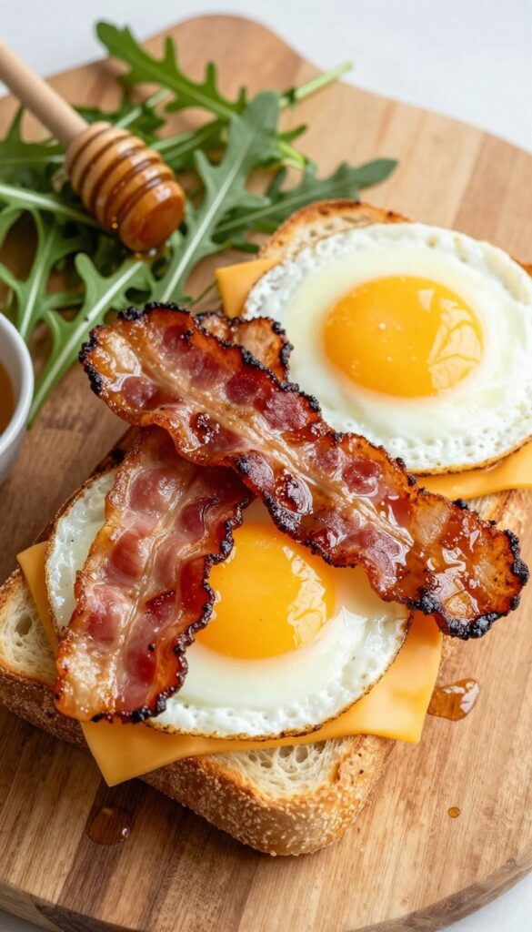 Honey-glazed bacon and egg breakfast sandwich on ciabatta with melted cheddar and runny yolk.