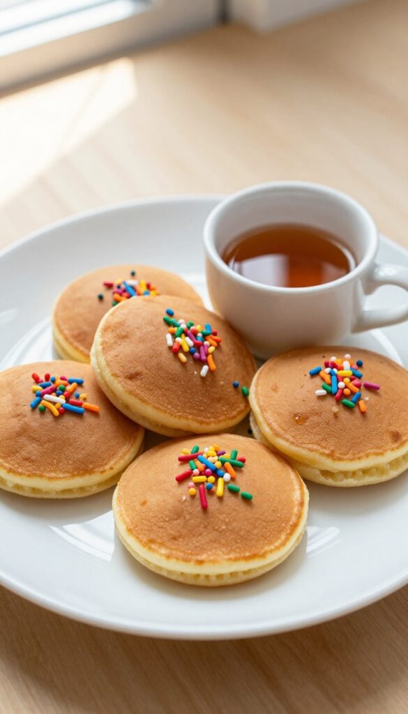 Confetti pancake bites with rainbow sprinkles and maple syrup dip on a wooden table