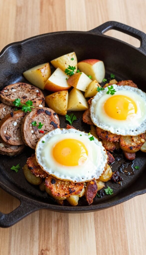 Black pudding and apple hash in a cast-iron skillet with a fried egg on top