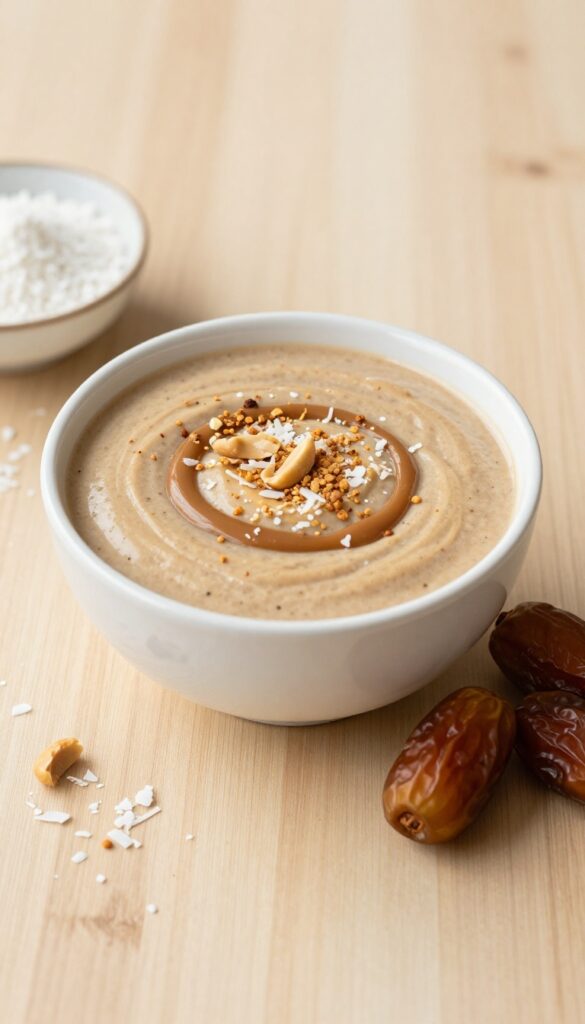 Peanut butter and date smoothie bowl topped with toasted coconut and peanut butter drizzle
