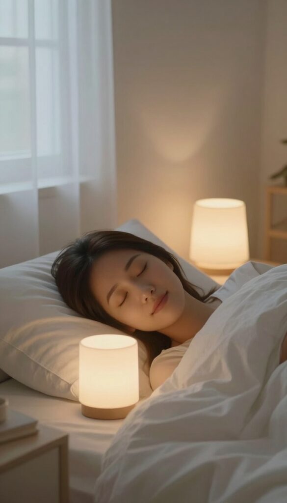 Woman in bed smiling peacefully before sleep, warm lamp lighting, cozy bedroom.