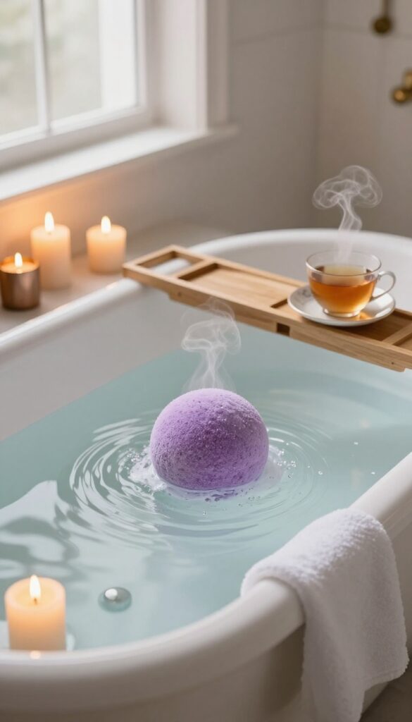 Luxury bath bomb fizzing in a clawfoot tub with candles and tea, natural light, serene spa-like atmosphere.