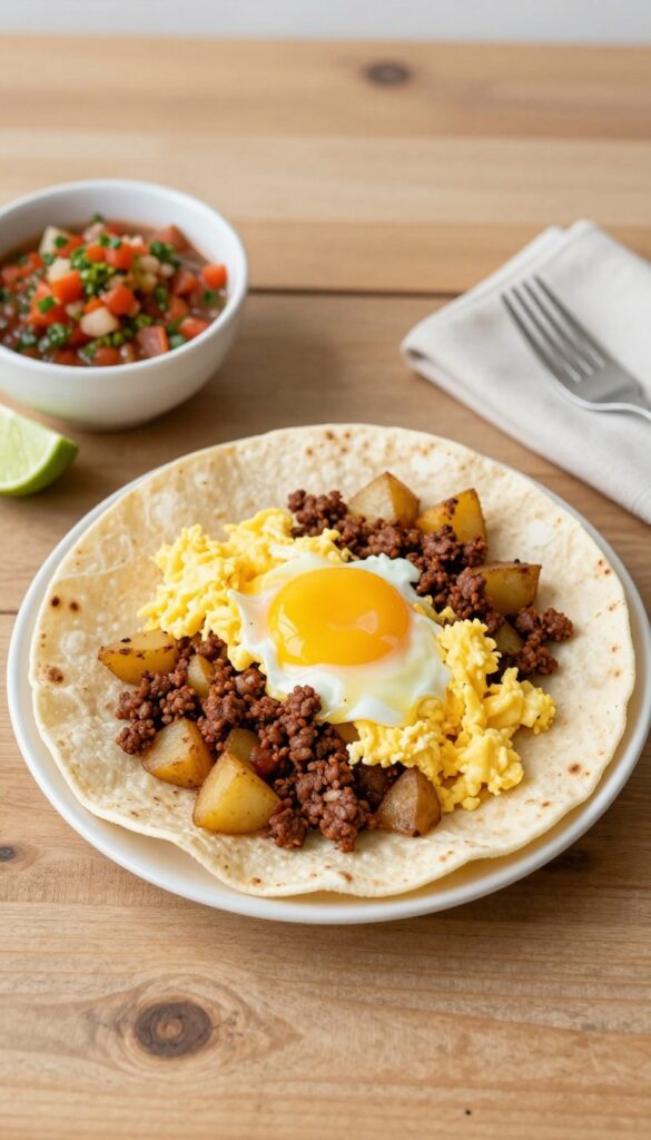 Chorizo and potato breakfast tacos on a wooden table with salsa and lime