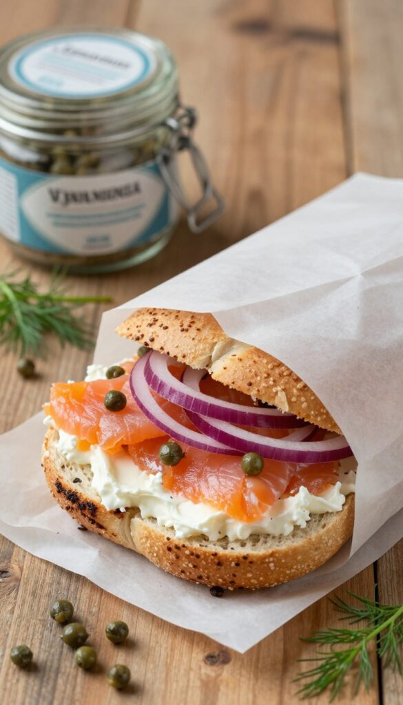 Toasted everything bagel sandwich with smoked salmon, cream cheese, capers, and red onion, wrapped in parchment paper on a wooden table.