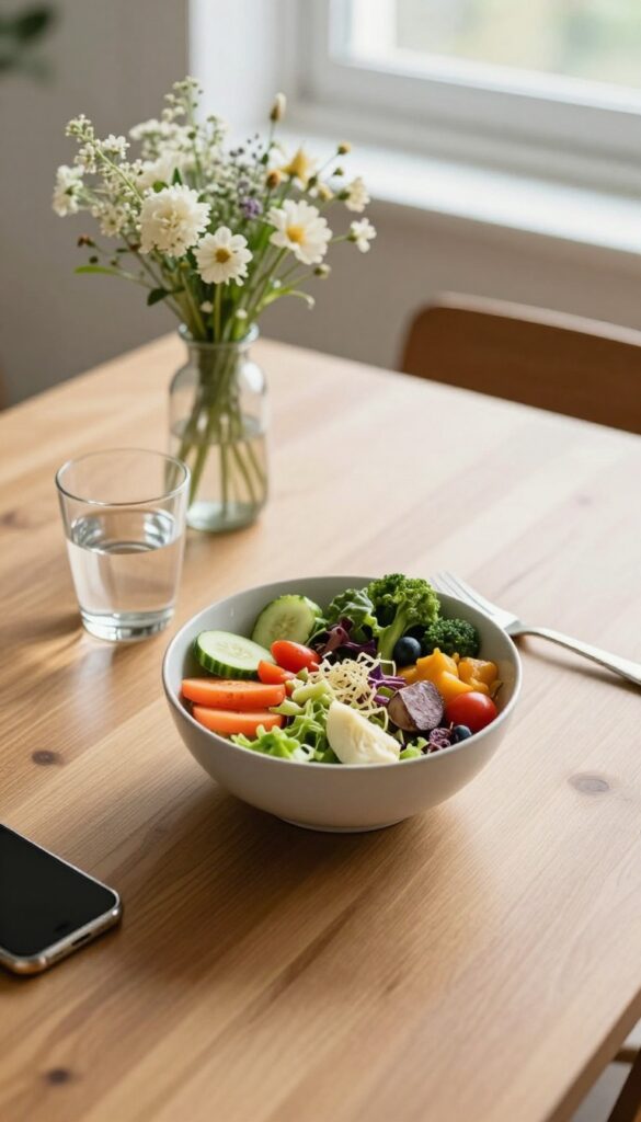 A peaceful lunch setting with a salad bowl, water glass, and flowers, smartphone set aside, emphasizing mindful eating without distractions.