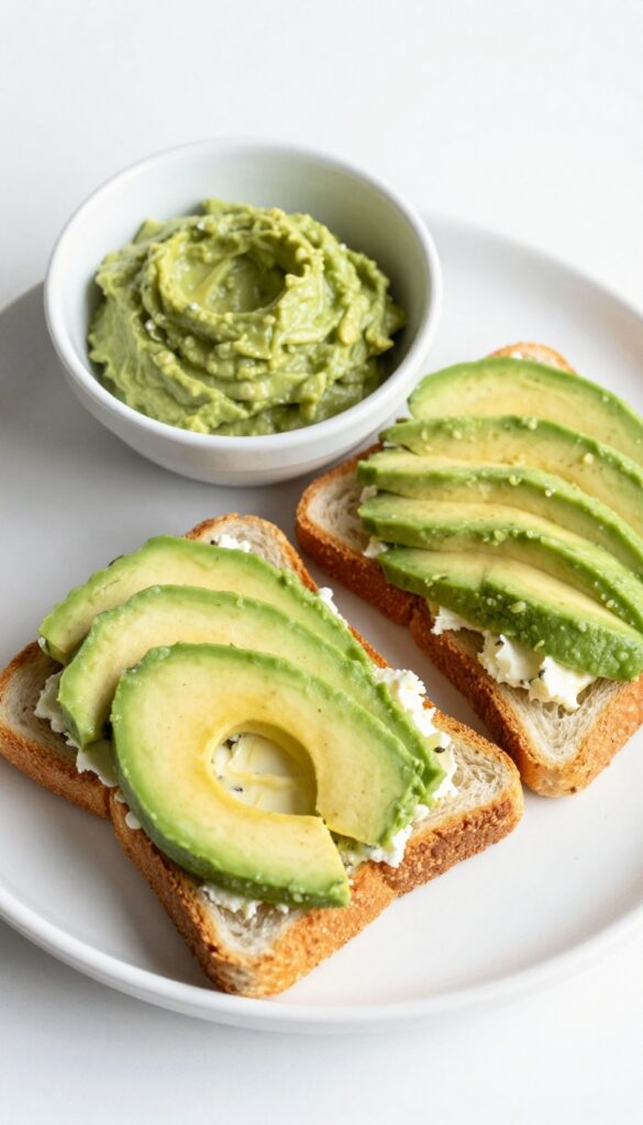 Toast soldiers with avocado and cream cheese on a white plate