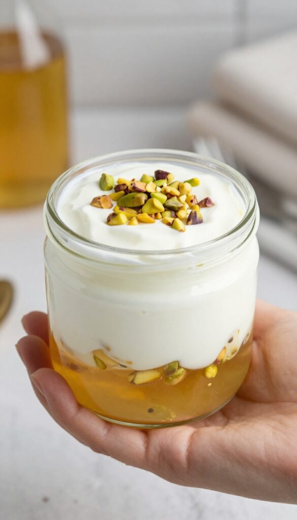 Greek yogurt parfait with honey and pistachios in a clear cup