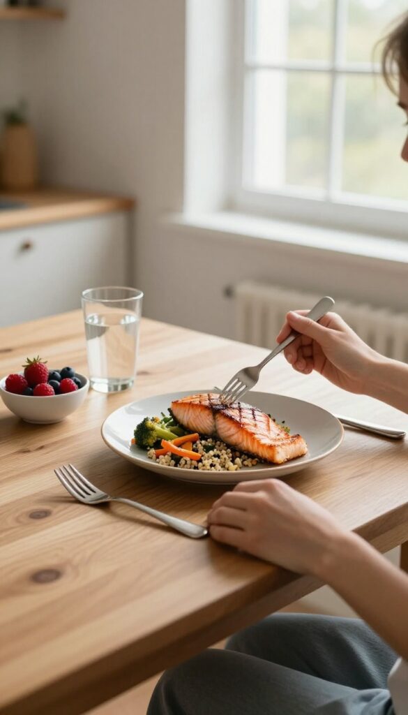 Person about to eat a nutrient-dense meal of salmon, vegetables, and quinoa at a sunlit kitchen table