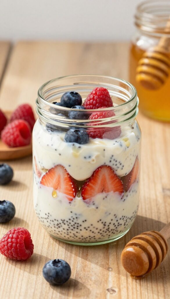 Overnight oats with berries and honey in a glass jar on a wooden table