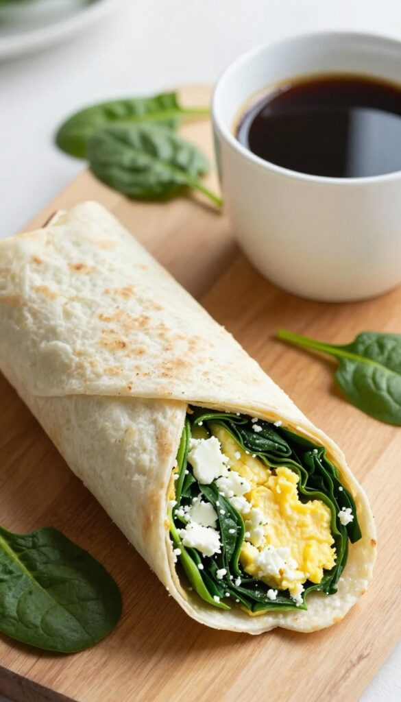 Spinach and feta egg wrap cut in half on a wooden board with coffee and fresh spinach leaves.