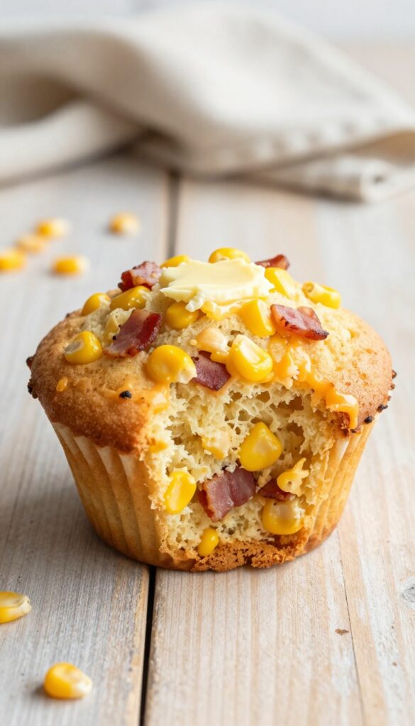 Savory breakfast muffin with bacon, corn, and cheese on a wooden table