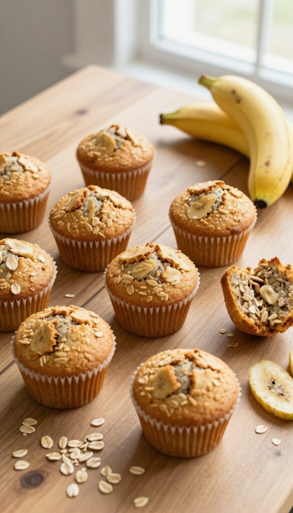 Freshly baked banana oat muffins in a basket on a wooden table with oats and a banana.