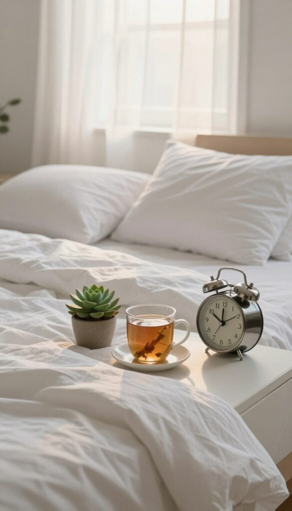 Peaceful bedroom with morning light, alarm clock, and herbal tea, representing a consistent sleep schedule.