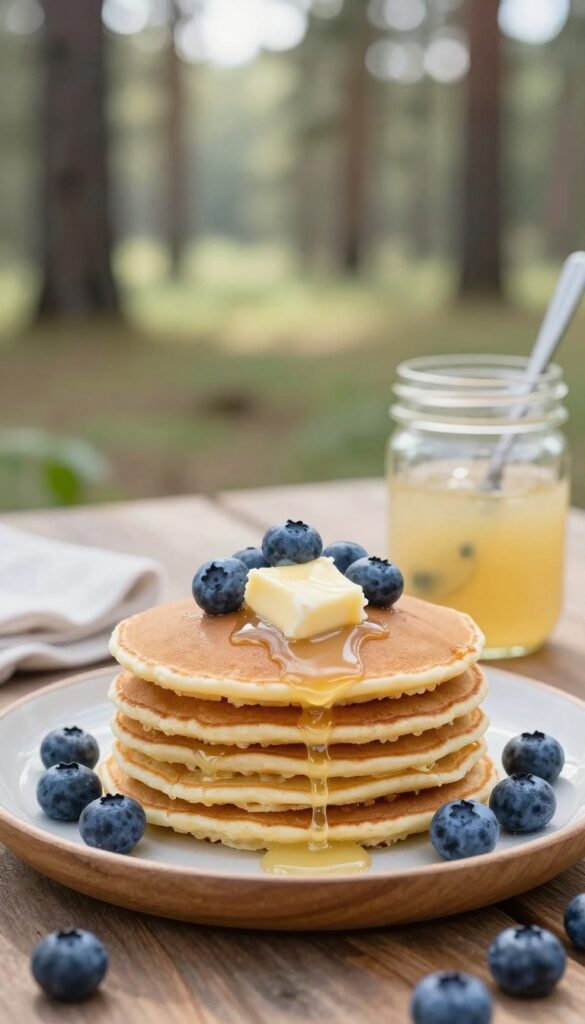 Stack of blueberry lemon pancakes with butter and a mason jar of pancake mix on a camp table in morning light.