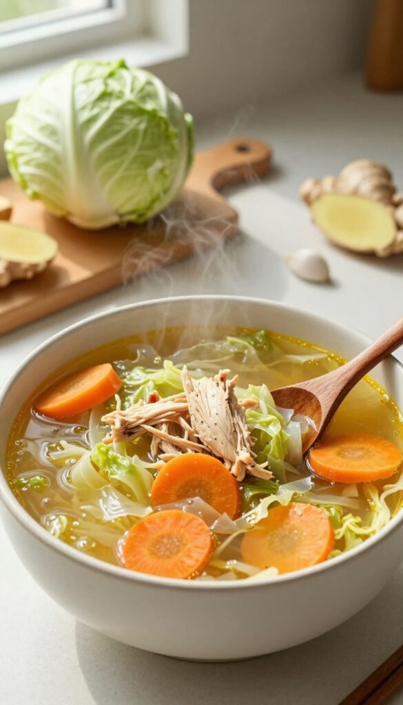 Steaming bowl of cabbage soup with chicken and ginger on a rustic kitchen counter with fresh ingredients in the background.
