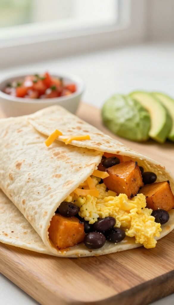 Sweet potato and black bean breakfast burrito cut in half on a wooden board with salsa and avocado.