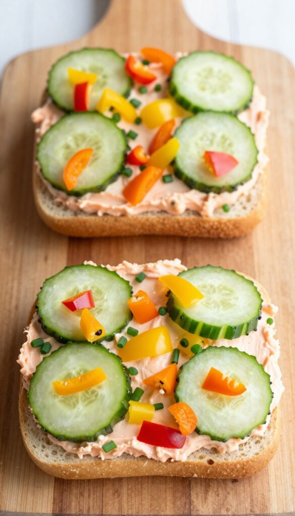 Mini bagels topped with veggie cream cheese and cucumber slices arranged like confetti on a wooden board.