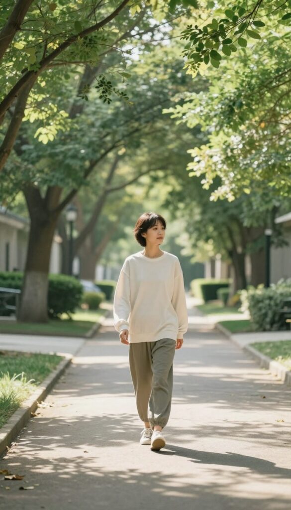 Person taking a short walk outside on a sunny day, surrounded by trees and natural light, embodying a peaceful self-care routine.