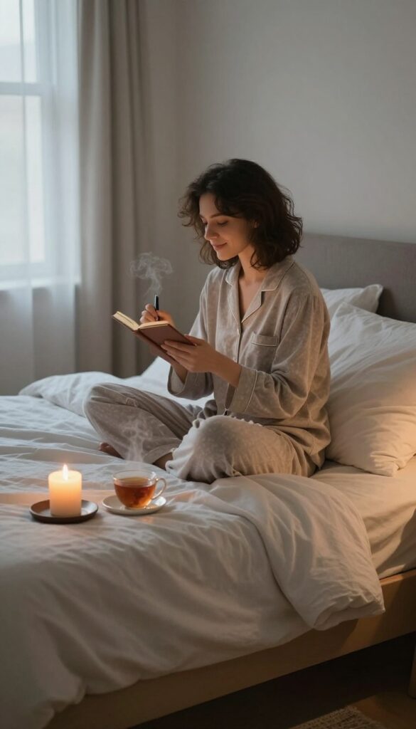 Person in pajamas sitting on bed at dusk, holding a journal and pen, with candle and tea on nightstand, serene bedroom atmosphere.
