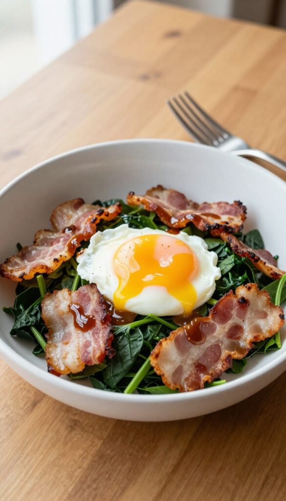 Warm breakfast salad with bacon, wilted spinach, and poached egg