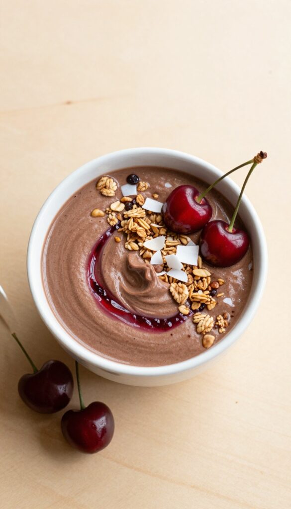 Chocolate cherry smoothie bowl topped with granola and coconut flakes