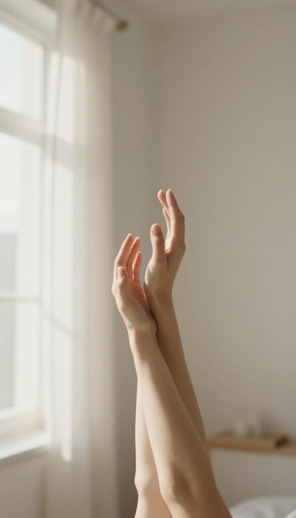 A person stretching with arms overhead in a bright, minimalist room
