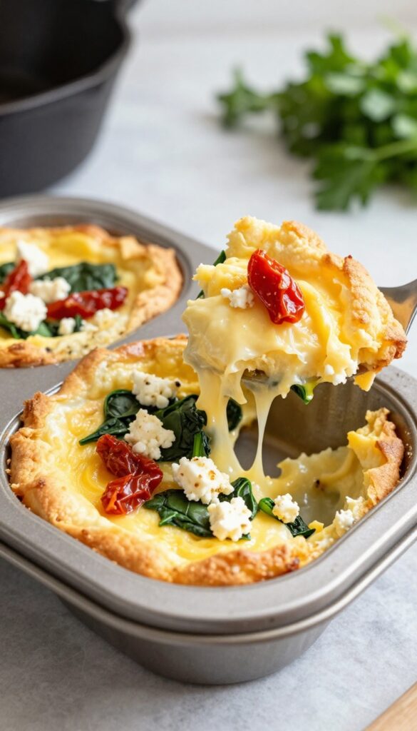 Overnight spinach and feta egg cups baked golden and puffy in a muffin tin