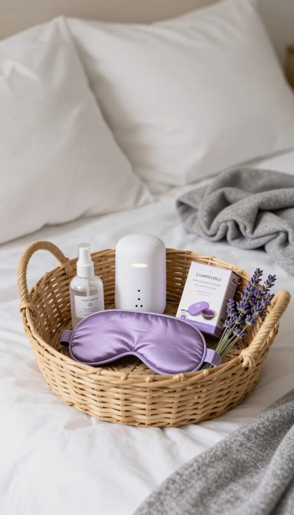 Sleep well bundle gift basket with silk sleep mask, white noise machine, lavender spray, tea, and weighted blanket on a bed