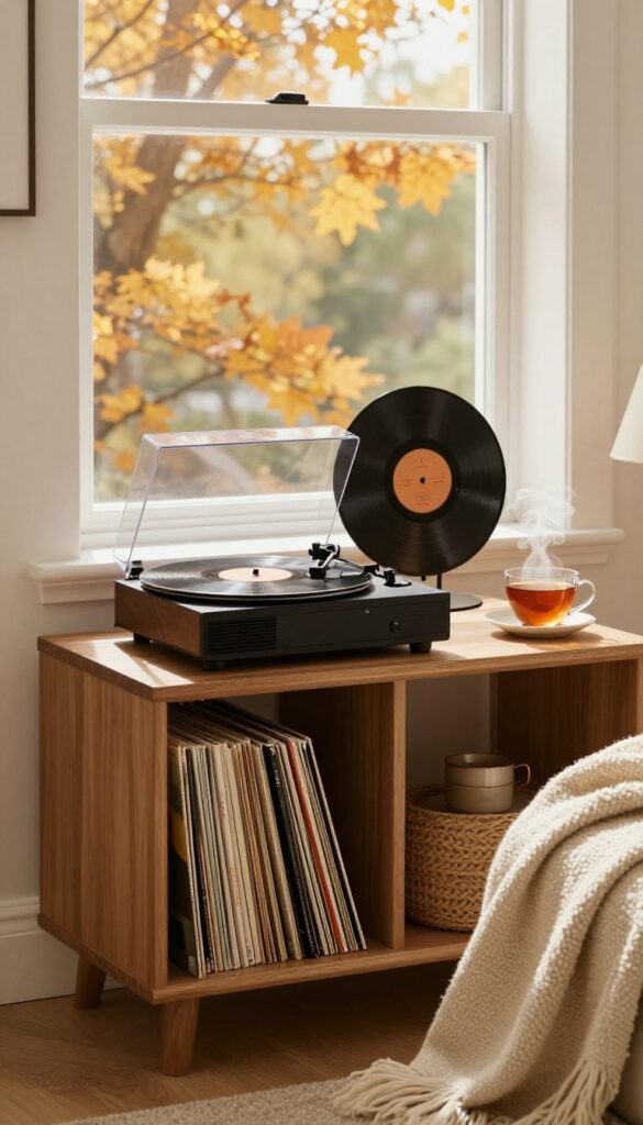 Cozy living room with record player and autumn decor