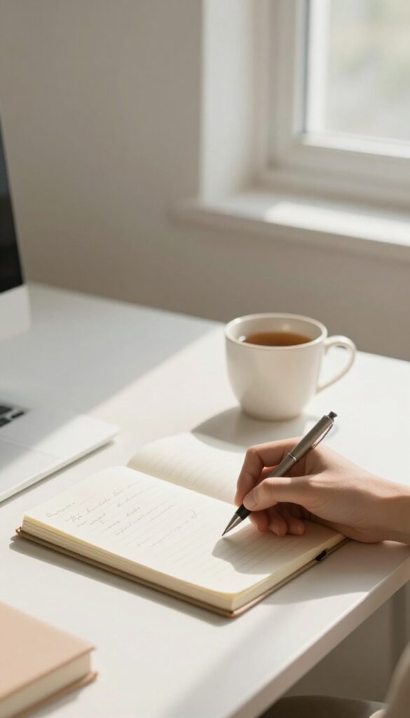 Person writing worries in a notebook on a sunlit desk, calm self-care routine