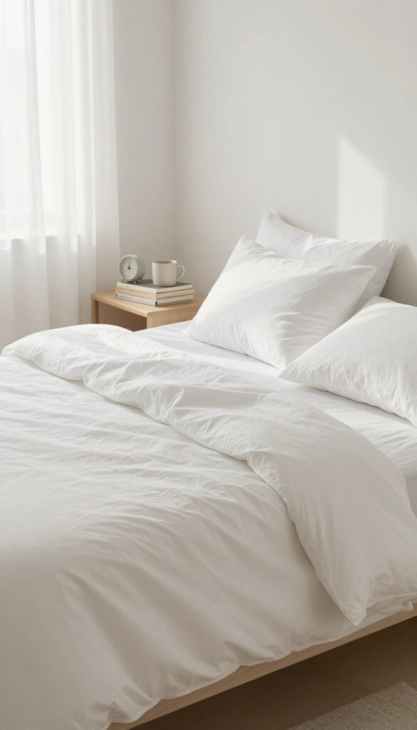 A tranquil bedroom with a made bed, books, and an alarm clock, no screens in sight.