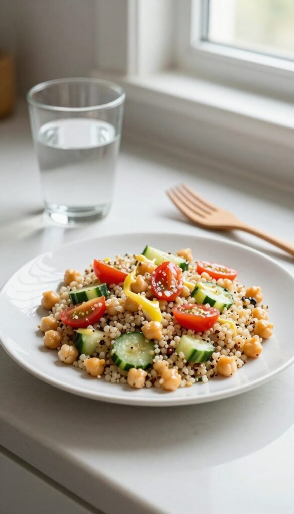 Quinoa salad with chickpeas and vegetables on a plate in a bright kitchen