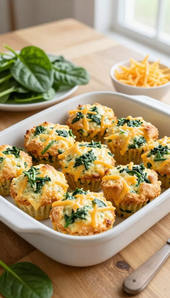 Cheesy spinach and egg muffins in a white ceramic dish on a rustic wooden table, with fresh spinach and shredded cheese nearby.