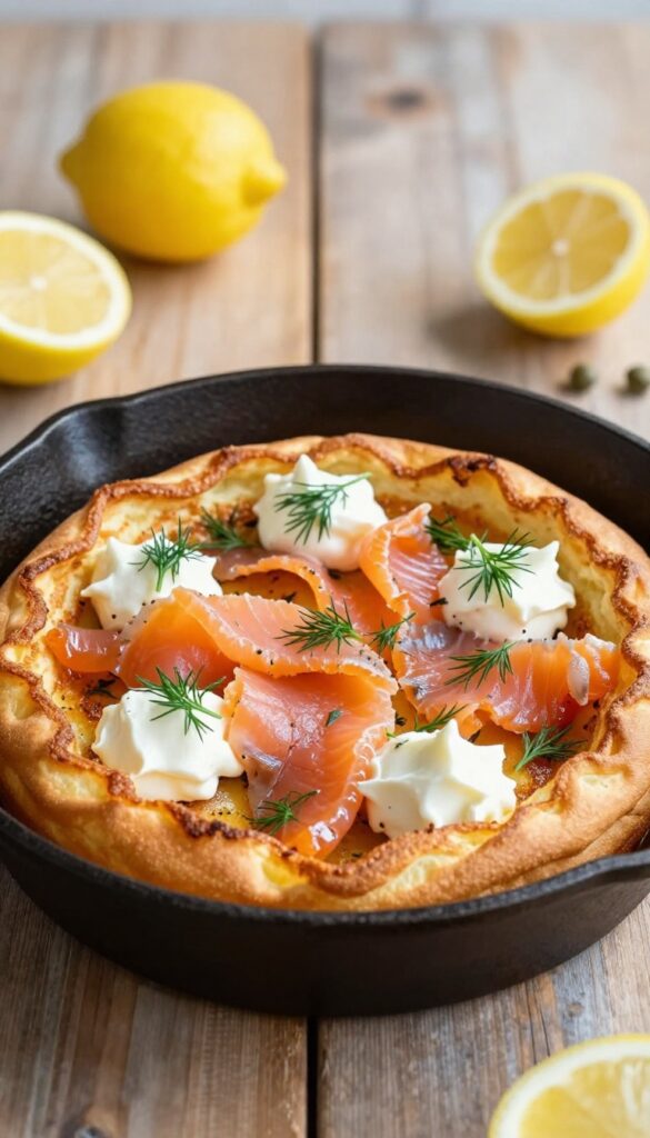 Smoked salmon and dill Dutch baby pancake in cast-iron skillet with crème fraîche and lemon wedges on rustic table.