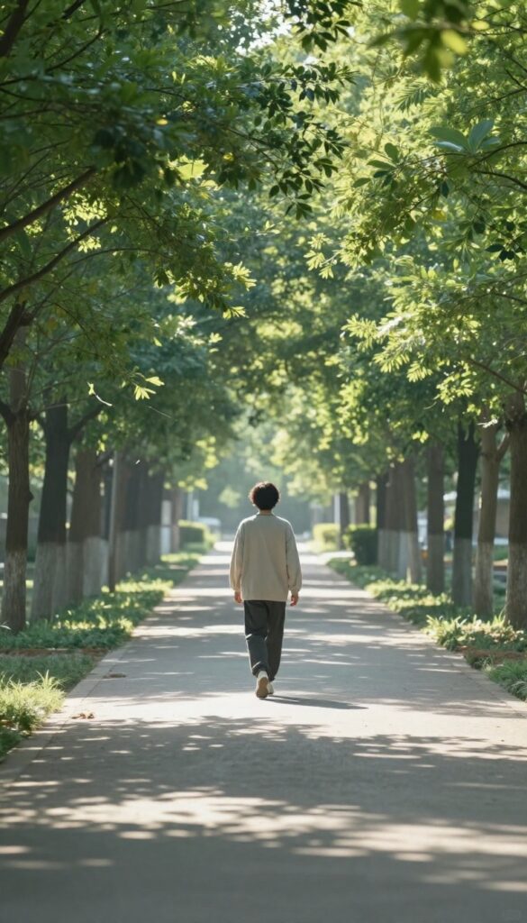 Person walking on a sunlit tree-lined path, enjoying a peaceful 10-minute walk outside.