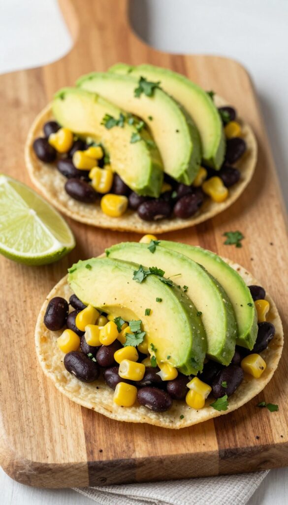Black bean and corn breakfast tacos topped with avocado and cilantro on a wooden board