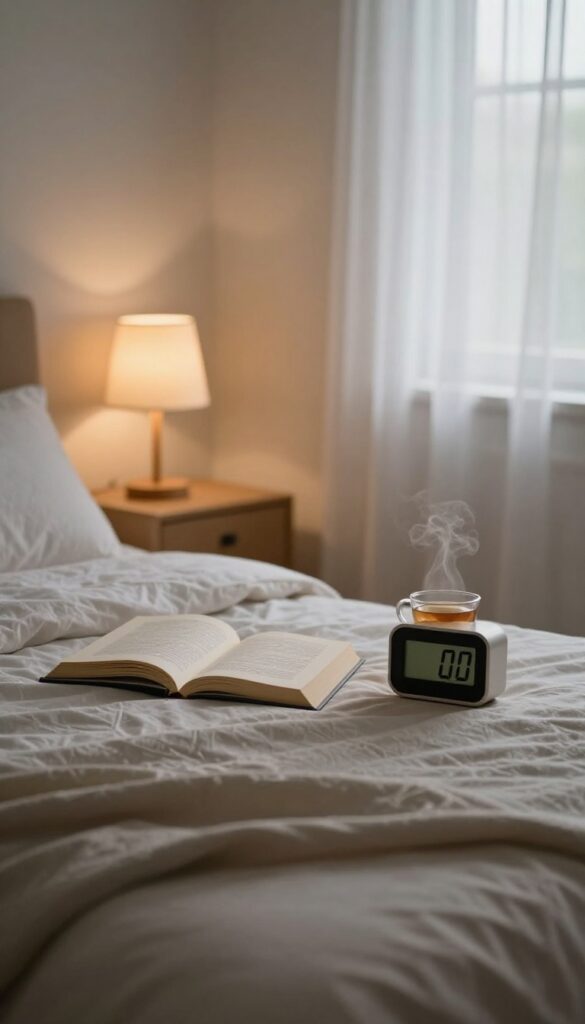 Cozy bedroom with dim lamp, open book, and tea on nightstand, inviting early bedtime.