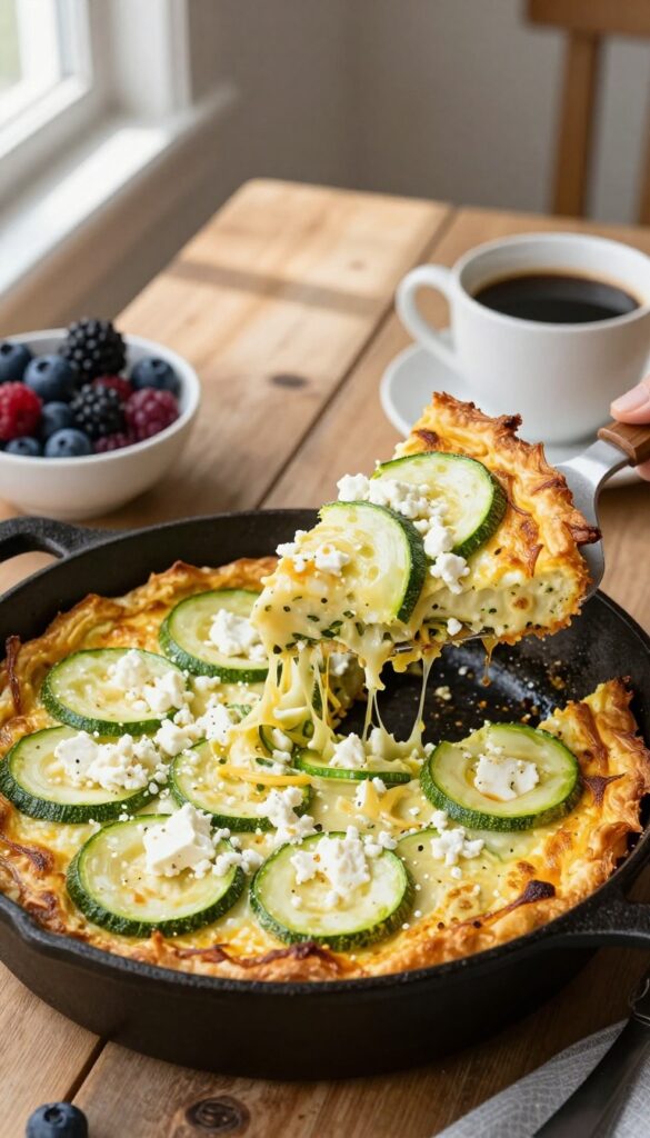 Zucchini and feta frittata in a cast-iron skillet on a wooden table with fresh berries and coffee.