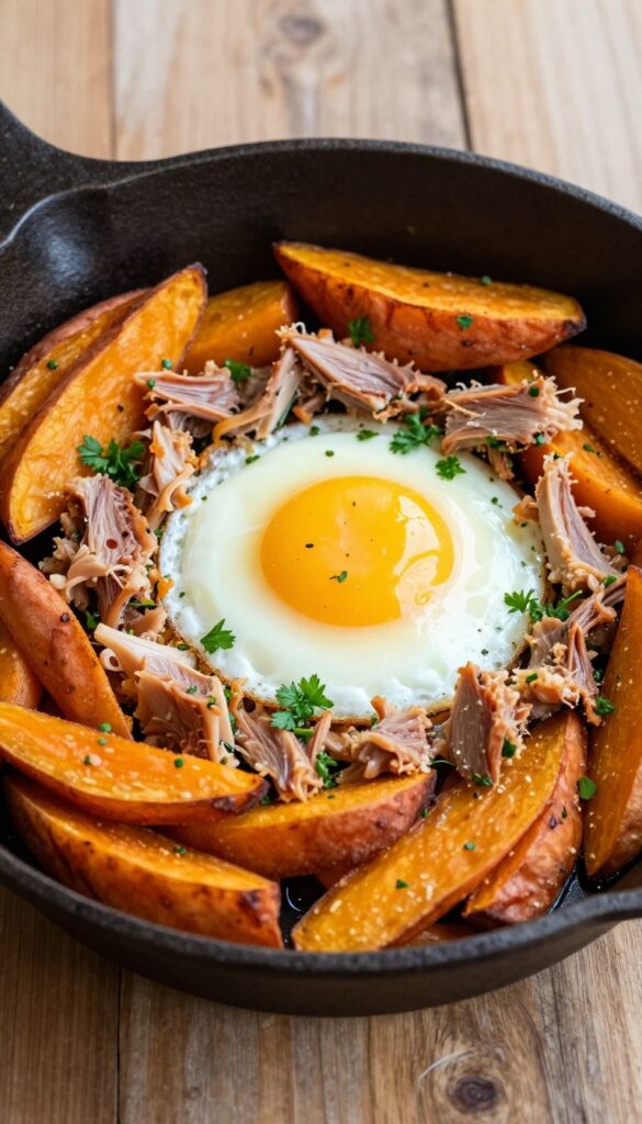 Tuna and sweet potato hash with a fried egg in a skillet