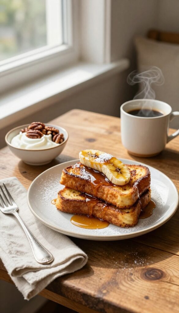 Golden French toast with caramelized bananas on a rustic breakfast table in a cozy nook