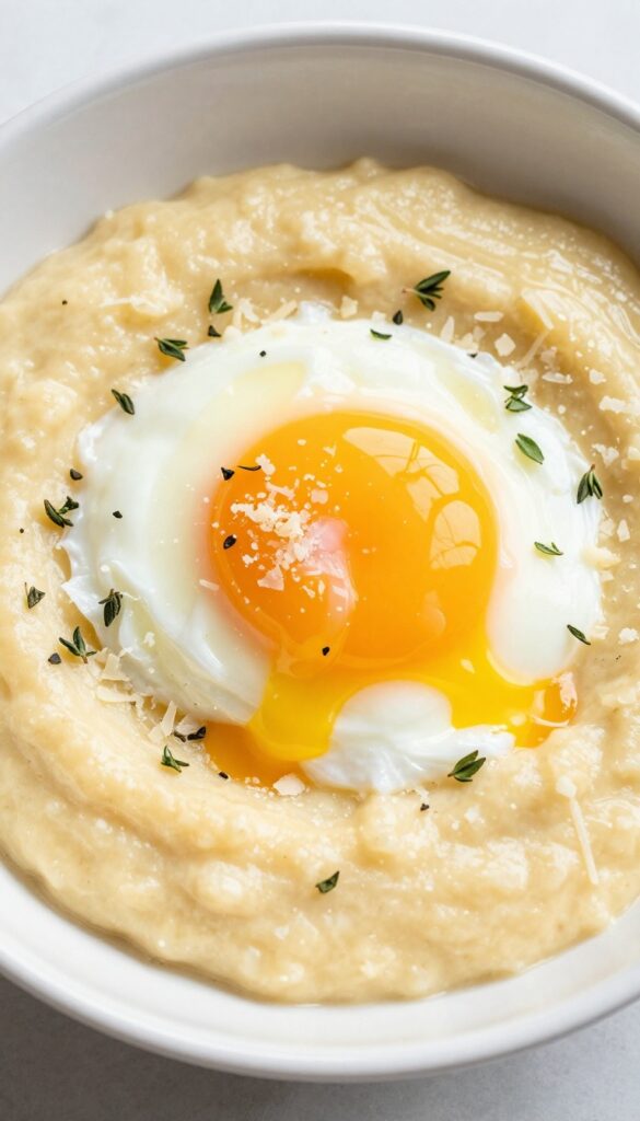 Poached egg over creamy polenta in a bowl