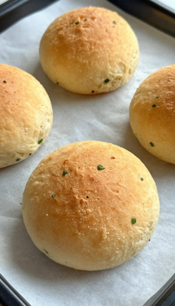 Three fluffy cloud bread rounds with chives on a baking sheet