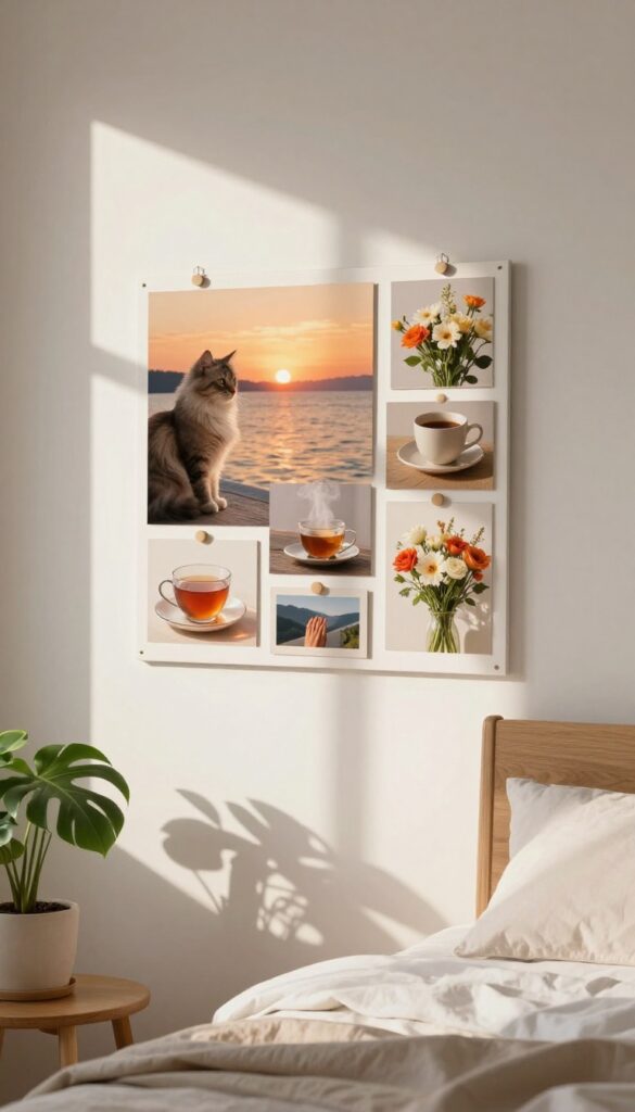 A feel-good vision board in a cozy bedroom with mood-boosting imagery like sunset, cat, tea, and flowers.