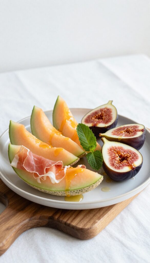 Elegant prosciutto and melon breakfast plate with figs and honey on a wooden board.